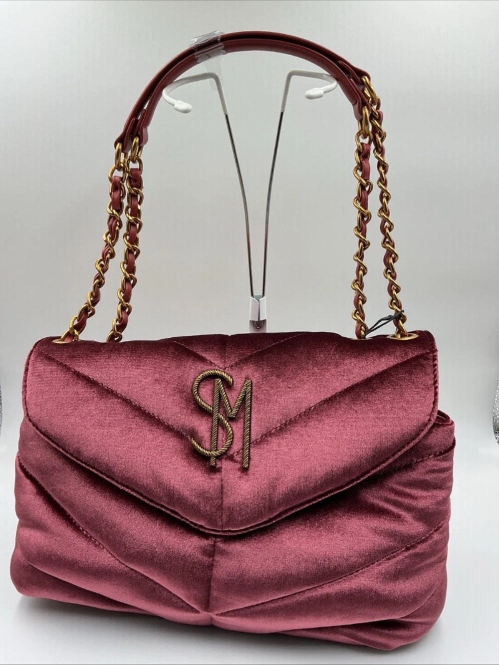 Steve Madden Quilted Velvet Shoulder Bag - Wine with original box